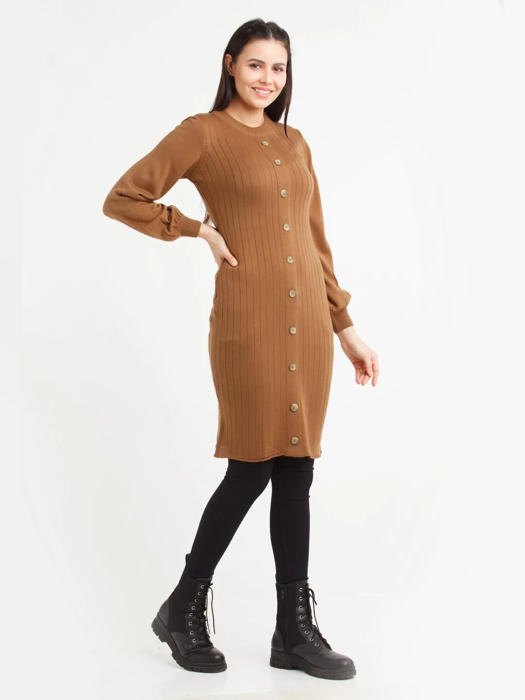 Tan Striped Puff Sleeve Sweater