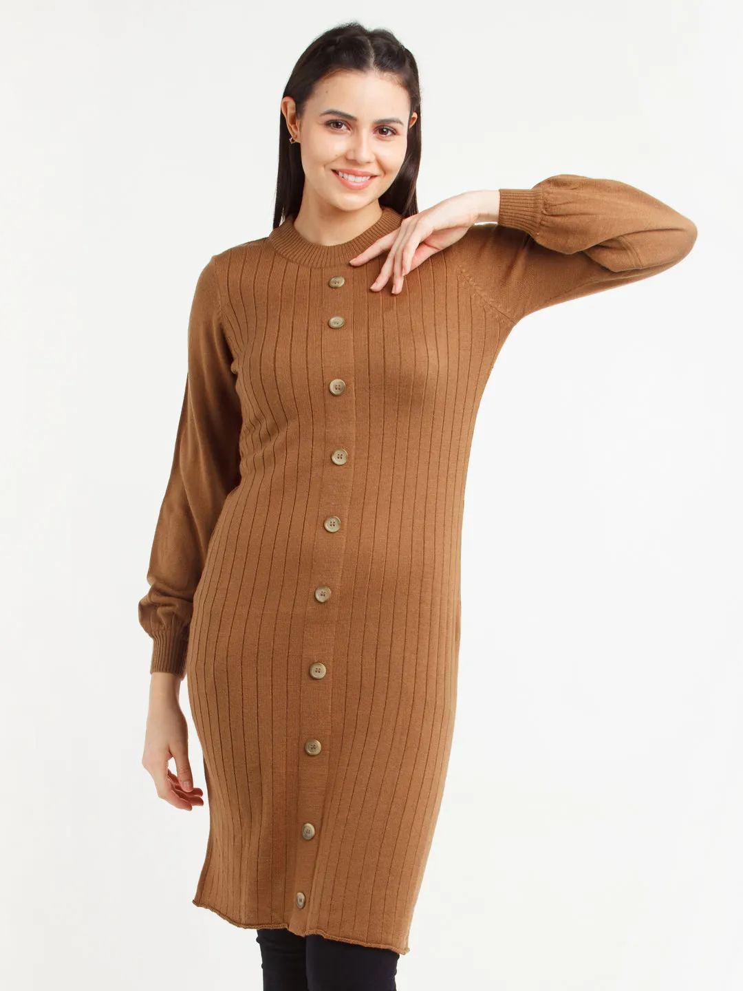 Tan Striped Puff Sleeve Sweater