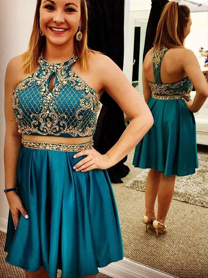 Teal  Cheap Cute Short Two Piece Homecoming Dresses Under 2018, BDY0246