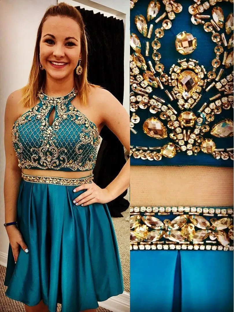 Teal  Cheap Cute Short Two Piece Homecoming Dresses Under 2018, BDY0246