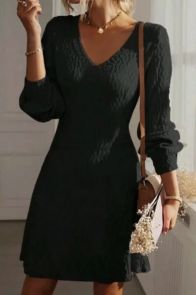 Texture V-Neck Long Sleeve Dress