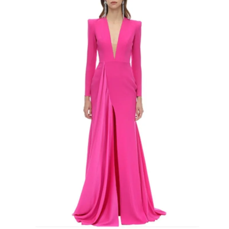 Tide V-neck High Waist Floo-length Long Sleeve Dress