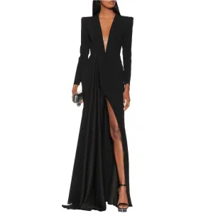 Tide V-neck High Waist Floo-length Long Sleeve Dress