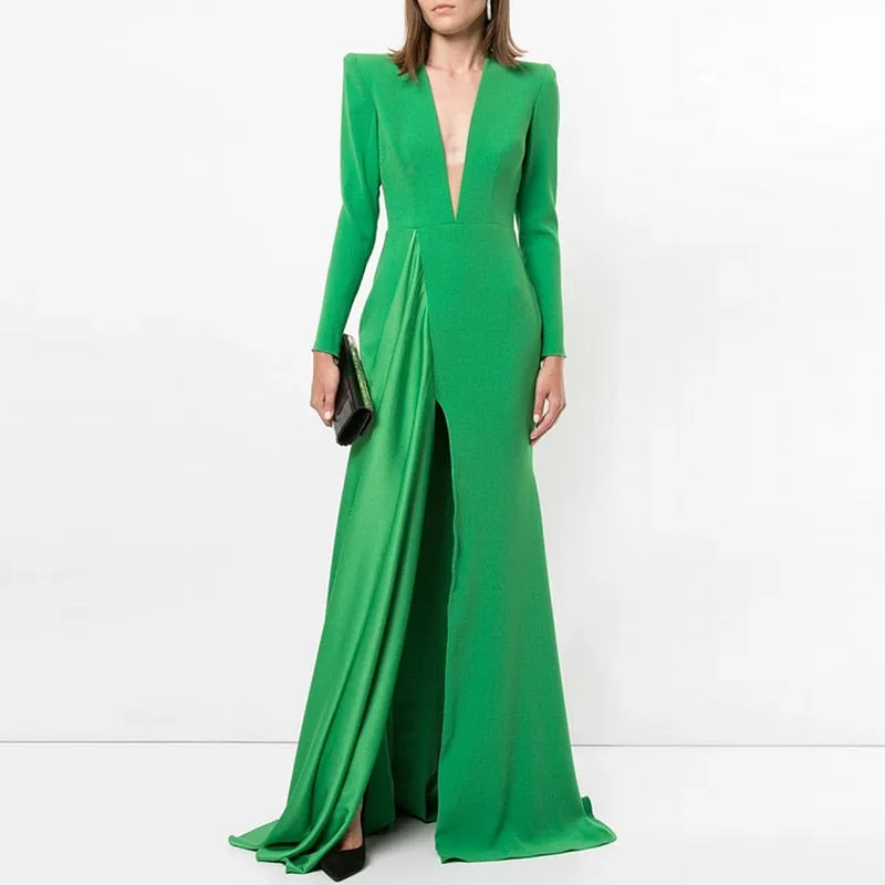 Tide V-neck High Waist Floo-length Long Sleeve Dress