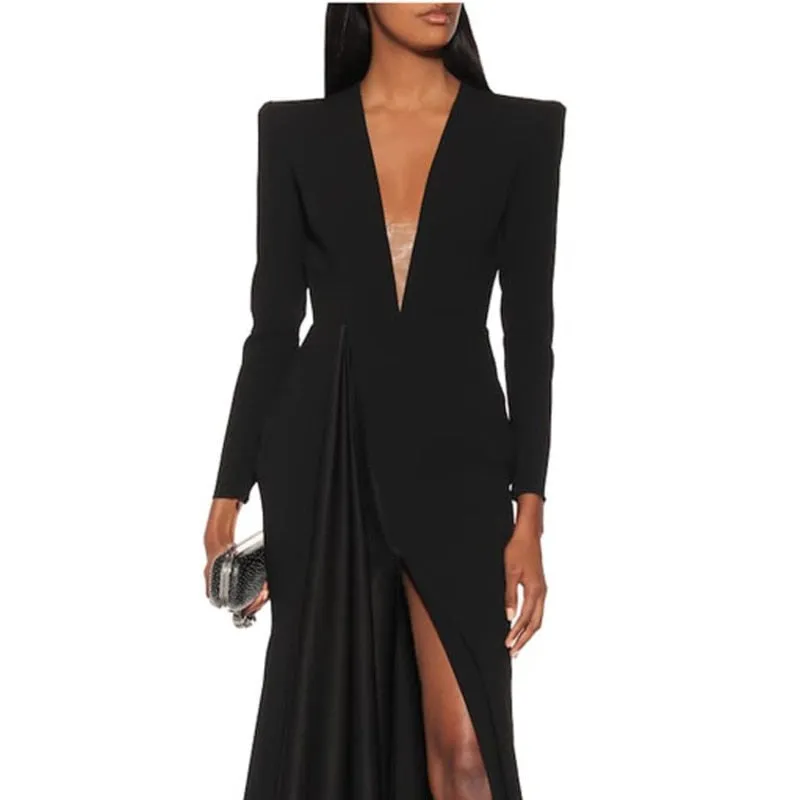 Tide V-neck High Waist Floo-length Long Sleeve Dress