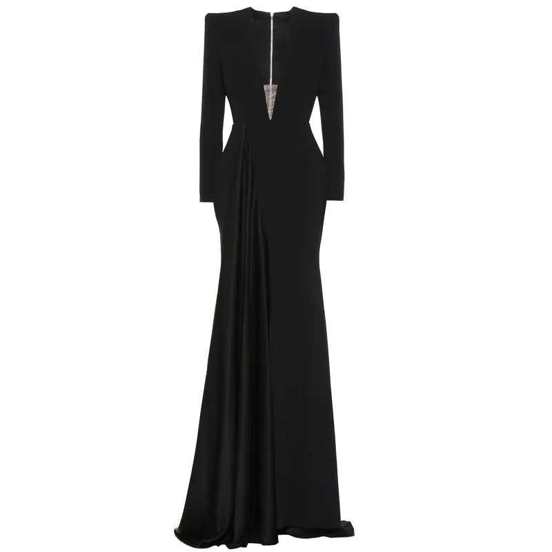 Tide V-neck High Waist Floo-length Long Sleeve Dress