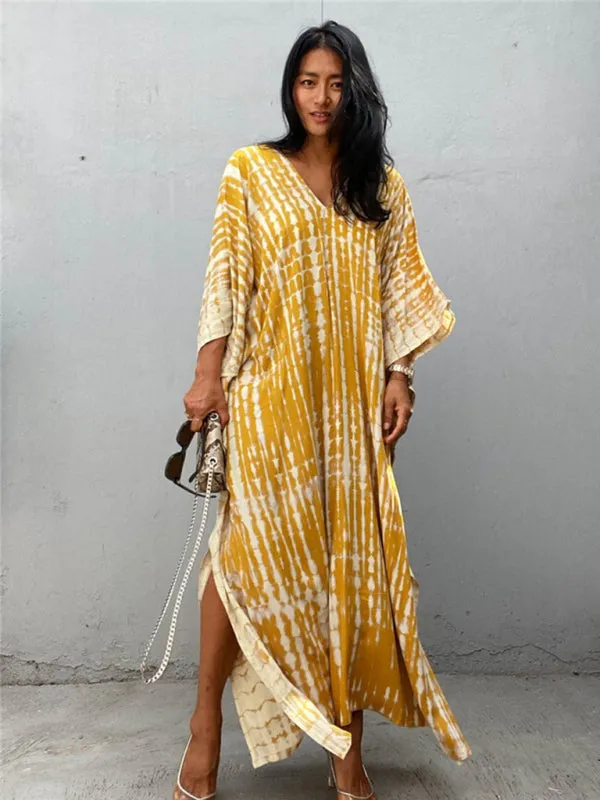 Tie-Dye Beach Gown with V-Neck and High Slit