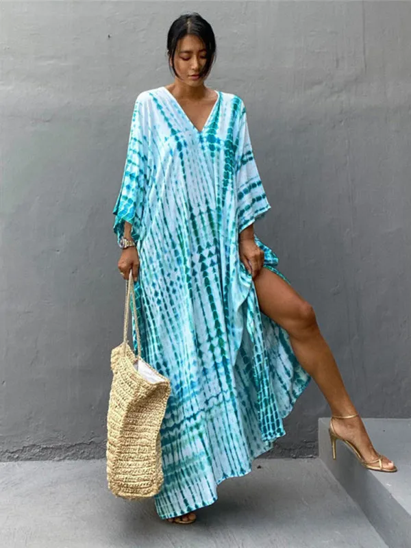 Tie-Dye Beach Gown with V-Neck and High Slit