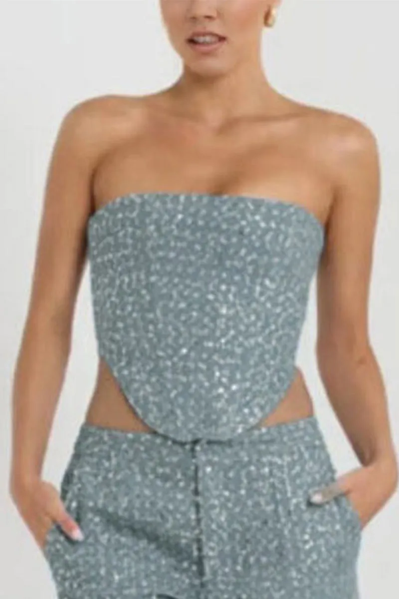 TK629 Sequin Embellished Denim Bustier