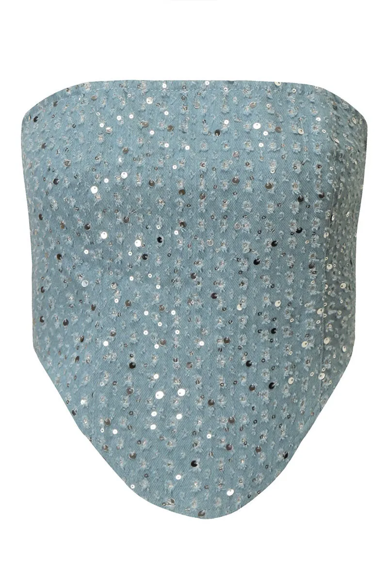 TK629 Sequin Embellished Denim Bustier