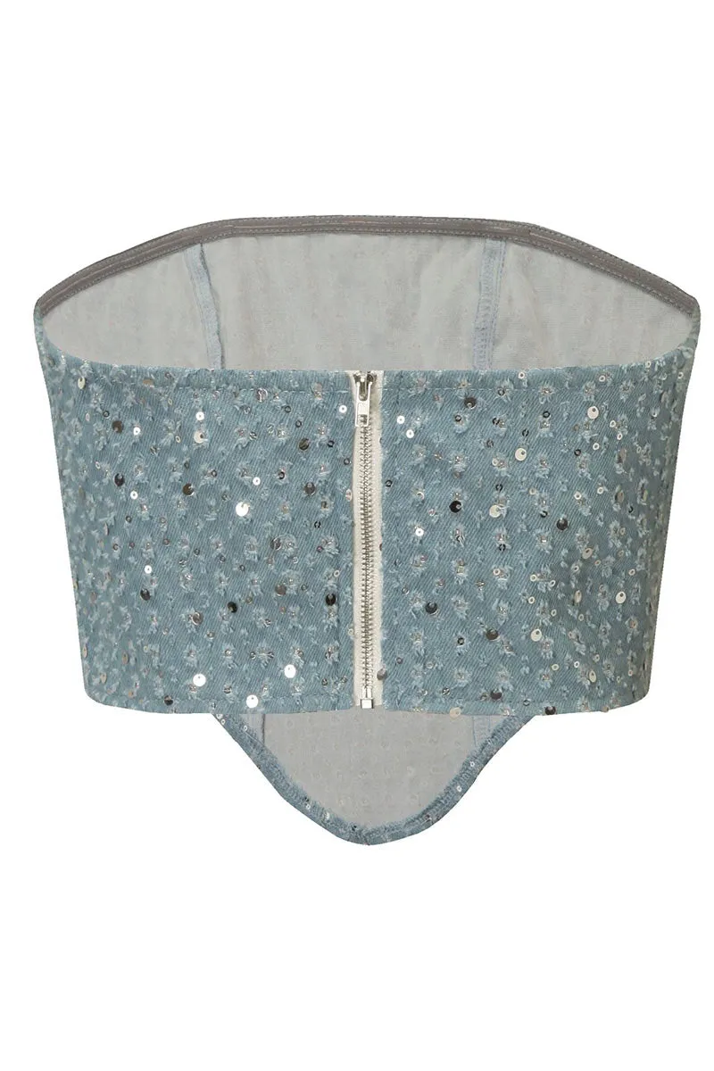 TK629 Sequin Embellished Denim Bustier