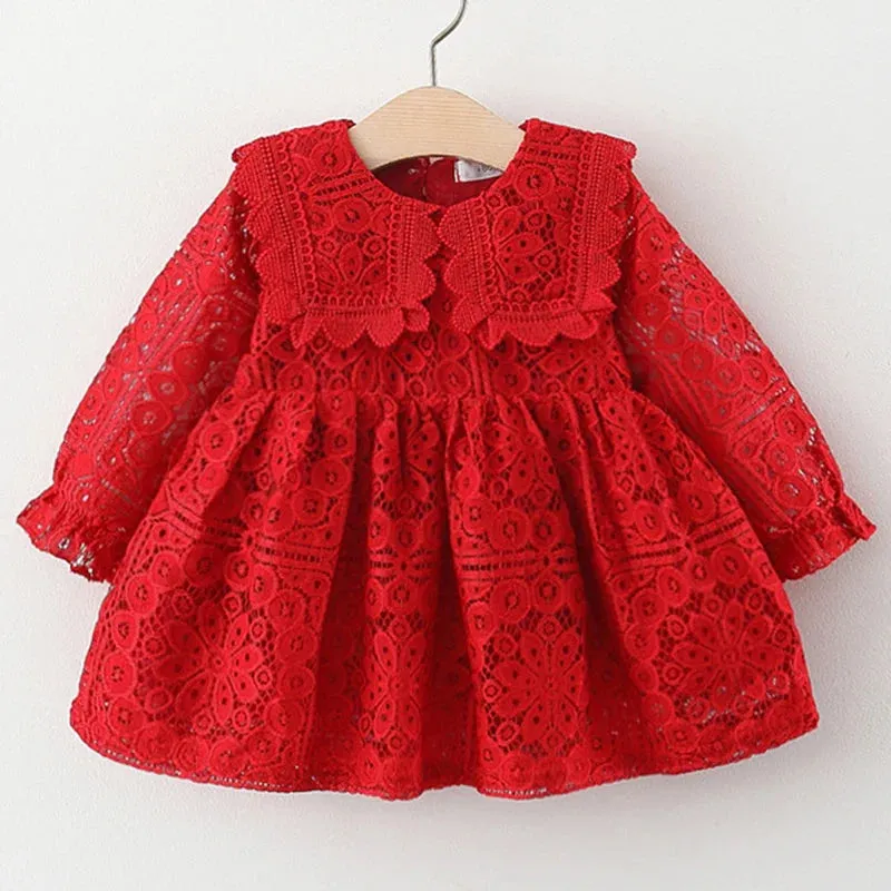Toddler Girl Clothes Korean Fashion Doll Collar Long Sleeve Lace Baby 1st Birthday Dresses Princess Dress