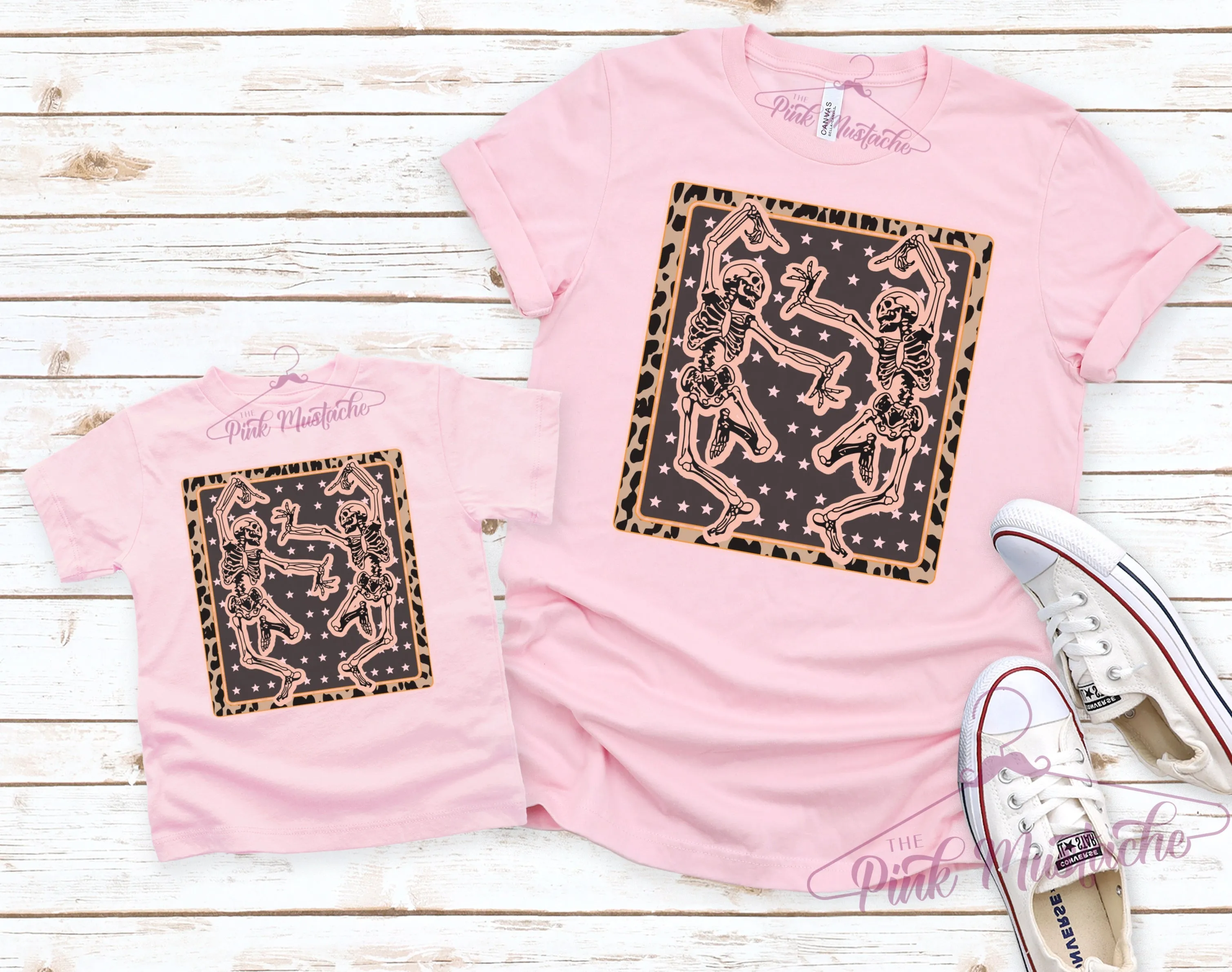 Toddler, Youth, and Adult Pink Leopard Dancing Skeletons Tee/ Softstyle Mommy and Me Tee