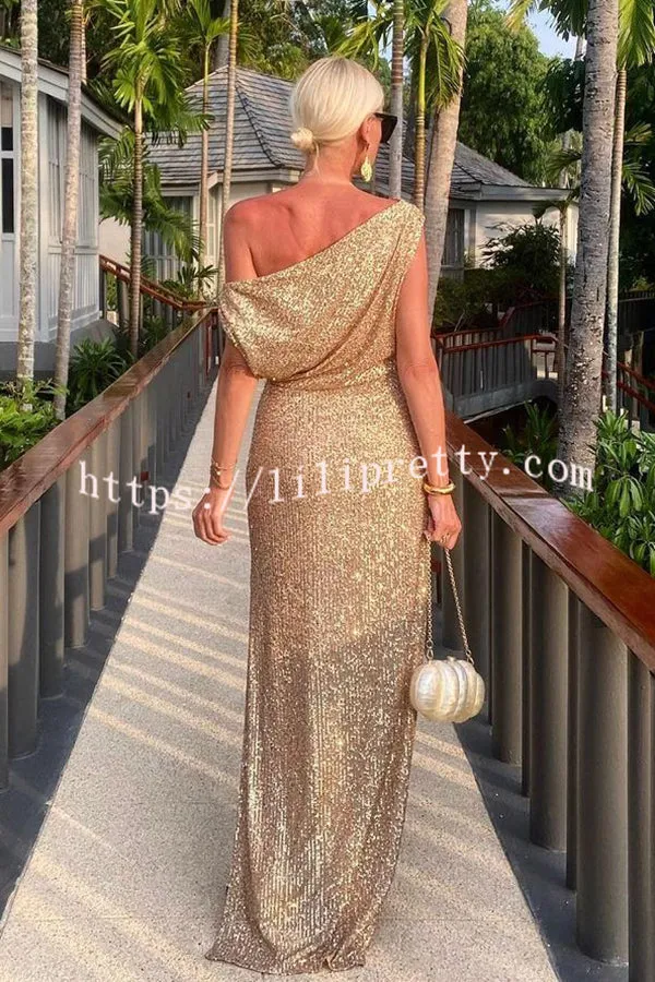 Tropical Party Evenings Sequin One Shoulder Slit Maxi Dress
