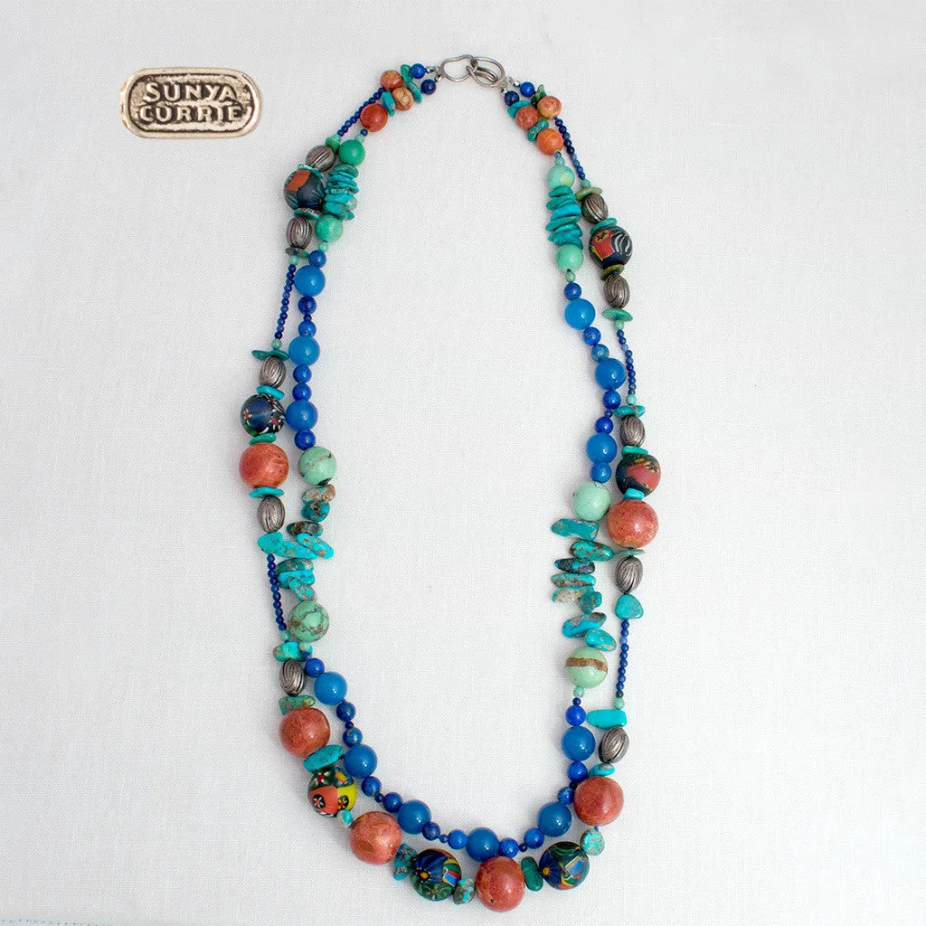 Turquoise, Apple Coral and Lapis Necklace