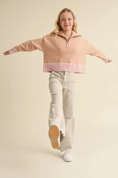 Tween Girls Half Zip Sailor Collar Sweater
