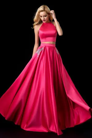 Two Piece Halter Sleeveless Open Back A Line Long Prom Dress,Evening Dresses OKA65
