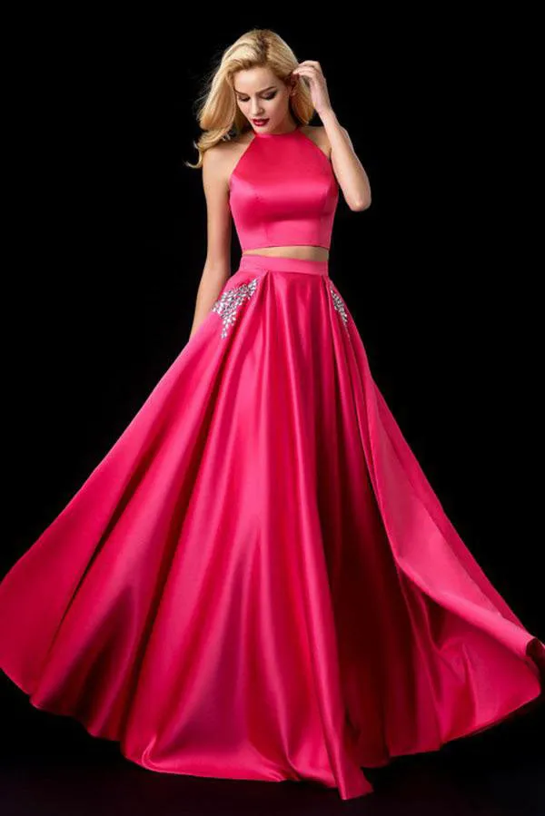 Two Piece Halter Sleeveless Open Back A Line Long Prom Dress,Evening Dresses OKA65