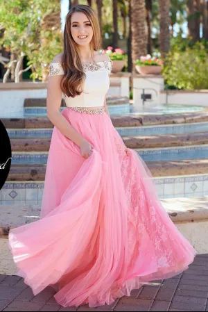 Two Piece Off the Shoulder Pink Blue Long Lace Beading Prom Dresses with Side Slit OK968