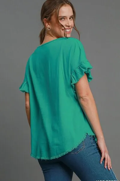 Umgee Full Size Raw Hem Ruffle Short Sleeve Blouse Plus Size