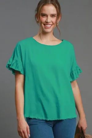 Umgee Full Size Raw Hem Ruffle Short Sleeve Blouse Plus Size