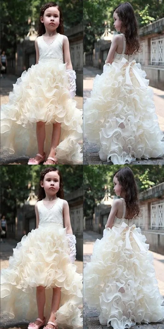 V-neck Hi-low Ivory Flower Girl Dresses, Cute Cheap Tutu Dresses, FG014