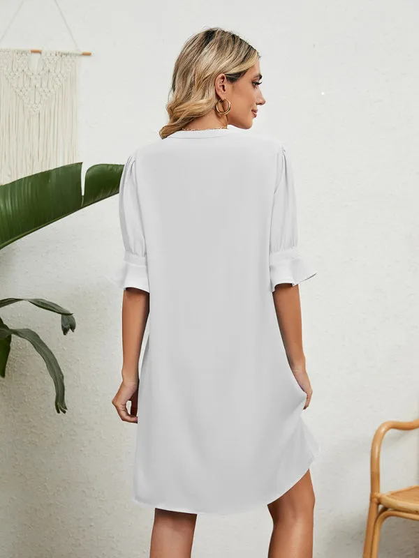 V-Neck Knee-Length Dress with Ruffled Sleeves and Loose Fit