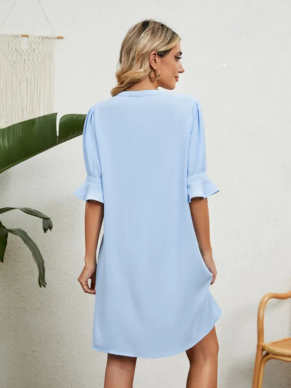 V-Neck Knee-Length Dress with Ruffled Sleeves and Loose Fit