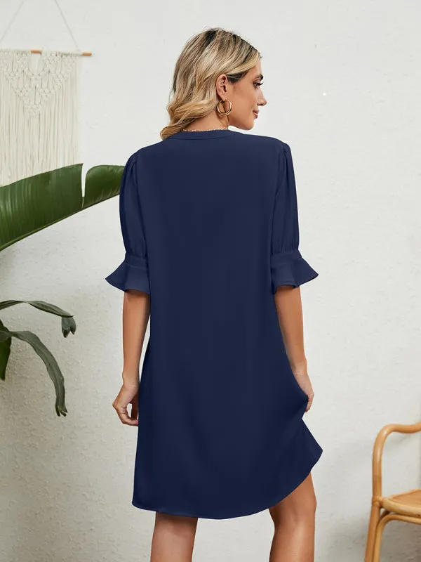 V-Neck Knee-Length Dress with Ruffled Sleeves and Loose Fit