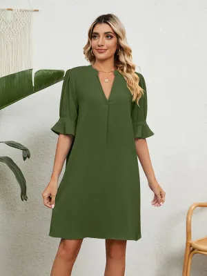 V-Neck Knee-Length Dress with Ruffled Sleeves and Loose Fit