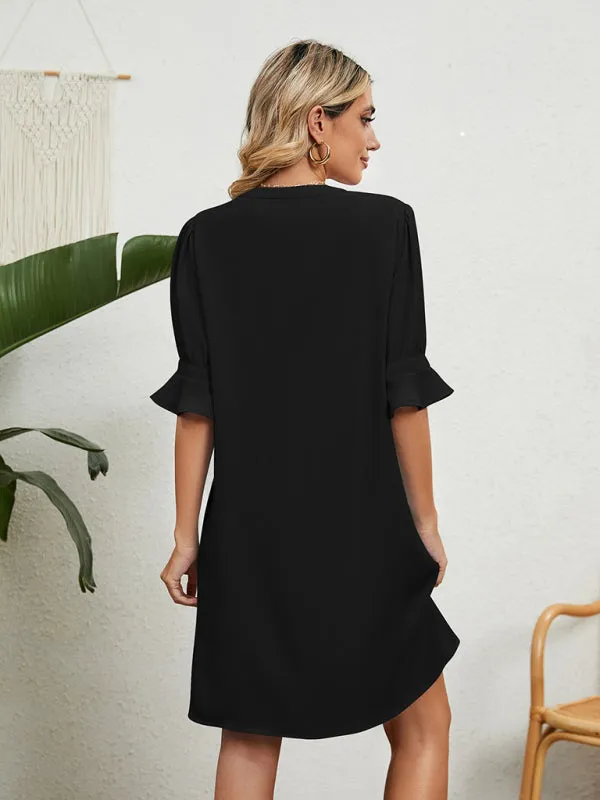 V-Neck Knee-Length Dress with Ruffled Sleeves and Loose Fit