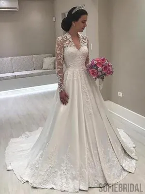 V-neck Long Sleeves Lace Satin Prom Dresses, WD0277