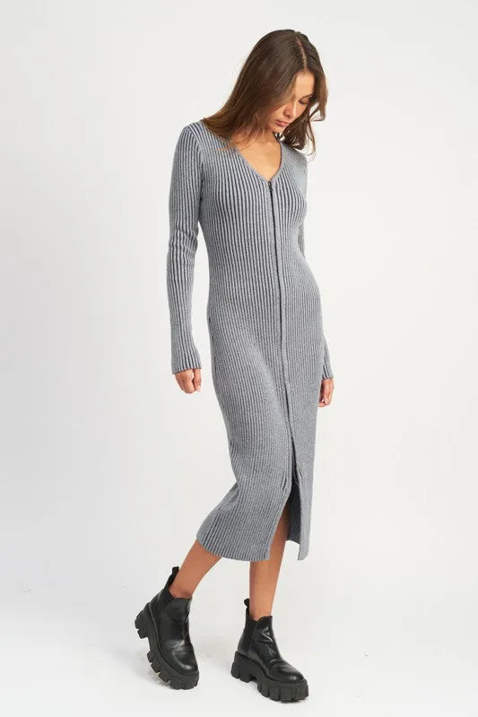 V-Neck Midi Dress w/ Two-Way Zipper