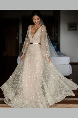 V-neckline Sequin Wedding Dresses Loose Long Sleeves