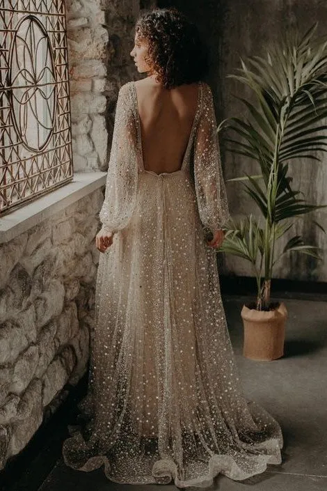 V-neckline Sequin Wedding Dresses Loose Long Sleeves