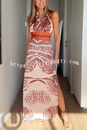 Vacay Bound Linen Blend Unique Botanical Print Halter Maxi Dress