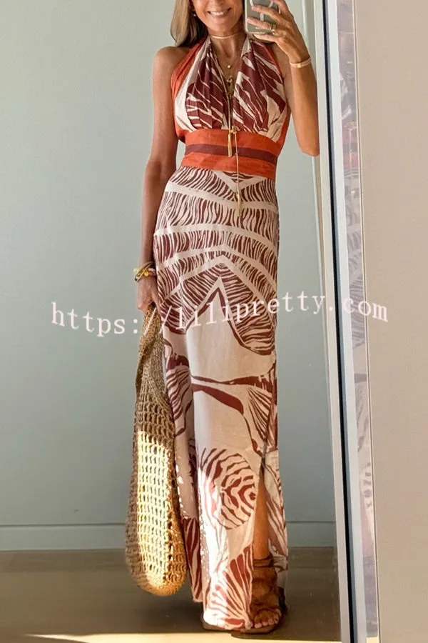 Vacay Bound Linen Blend Unique Botanical Print Halter Maxi Dress