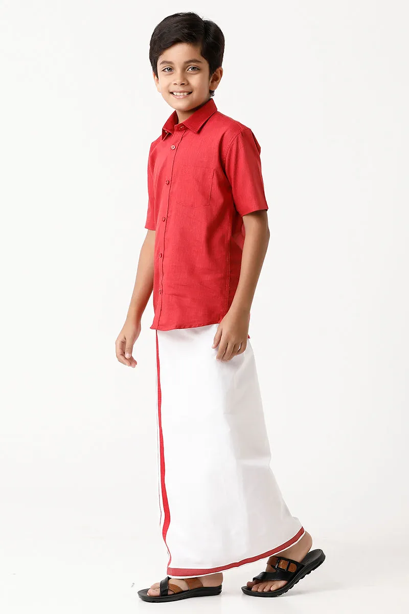 Varna - Cherry Red Matching Fixit Dhoti and Shirt 2 in 1 Set For Kids | Uathayam