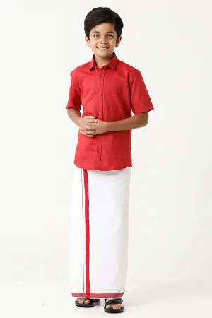 Varna - Cherry Red Matching Fixit Dhoti and Shirt 2 in 1 Set For Kids | Uathayam