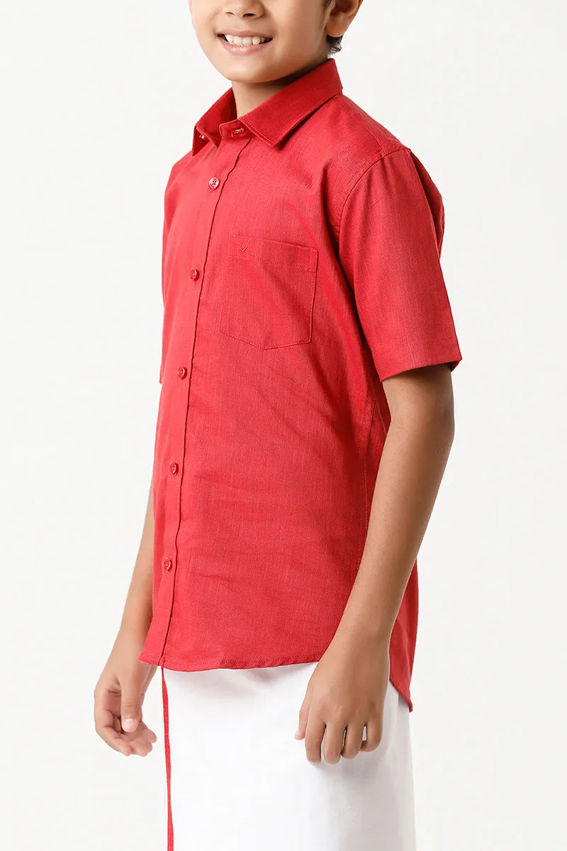 Varna - Cherry Red Matching Fixit Dhoti and Shirt 2 in 1 Set For Kids | Uathayam
