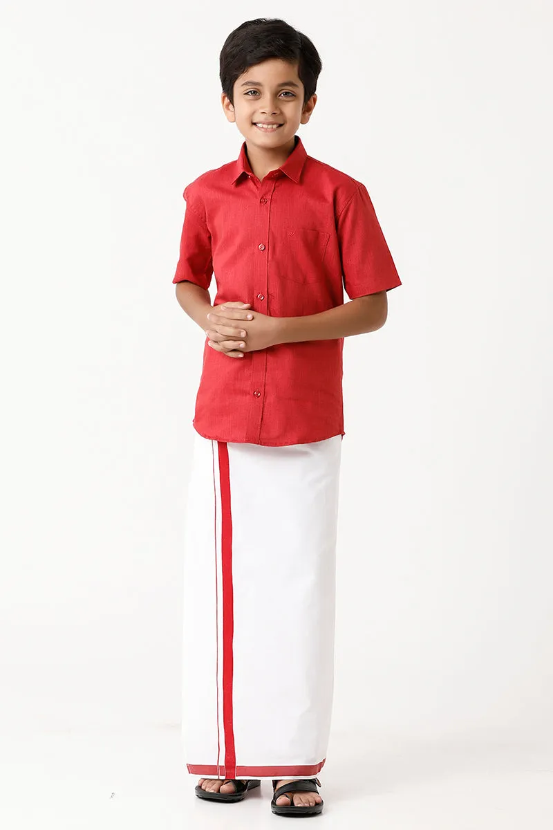Varna - Cherry Red Matching Fixit Dhoti and Shirt 2 in 1 Set For Kids | Uathayam