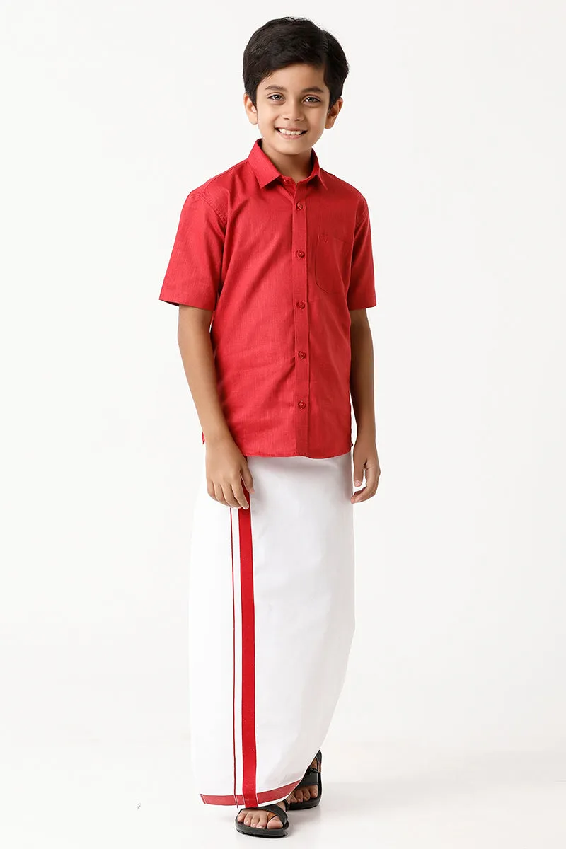 Varna - Cherry Red Matching Fixit Dhoti and Shirt 2 in 1 Set For Kids | Uathayam