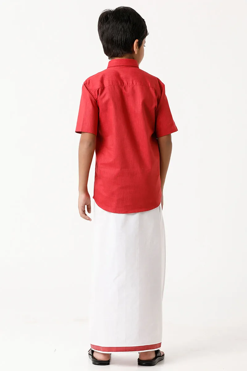 Varna - Cherry Red Matching Fixit Dhoti and Shirt 2 in 1 Set For Kids | Uathayam