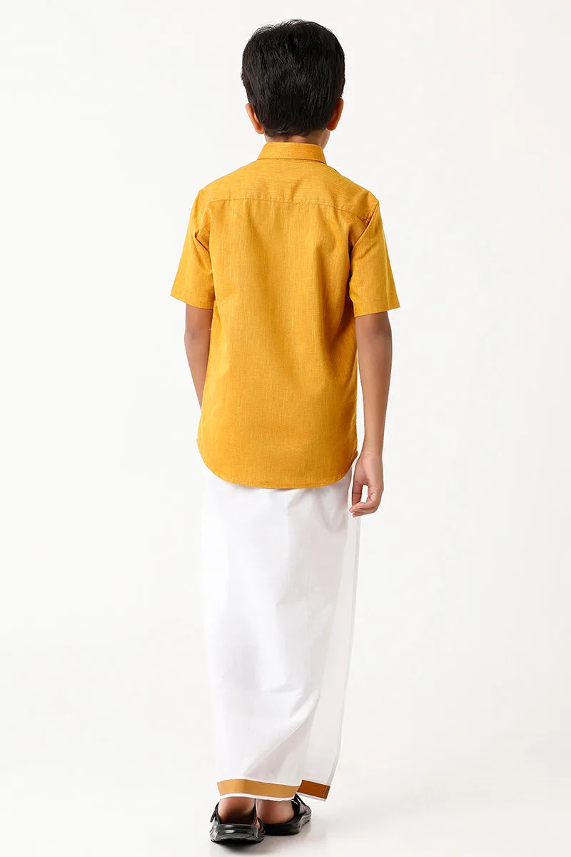 Varna - Golden Rod Matching Fixit Dhoti and Shirt 2 in 1 Set For Kids | Uathayam
