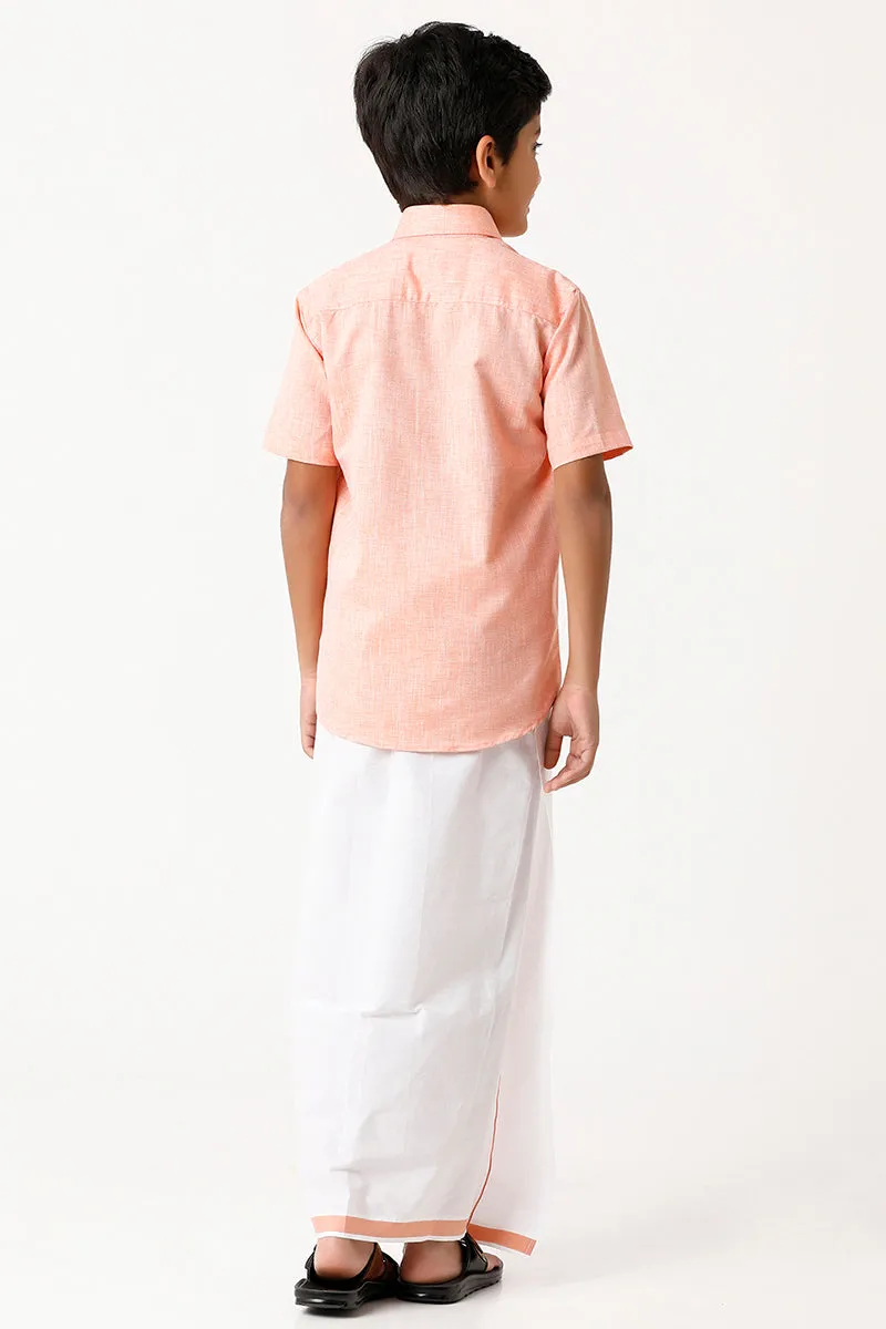 Varna - Lemonade Orange Matching Fixit Dhoti and Shirt 2 in 1 Set For Kids | Uathayam