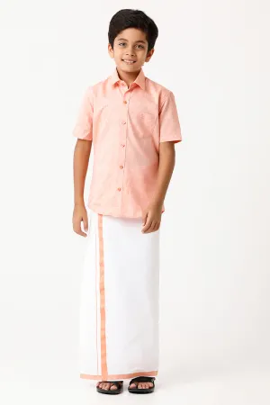 Varna - Lemonade Orange Matching Fixit Dhoti and Shirt 2 in 1 Set For Kids | Uathayam