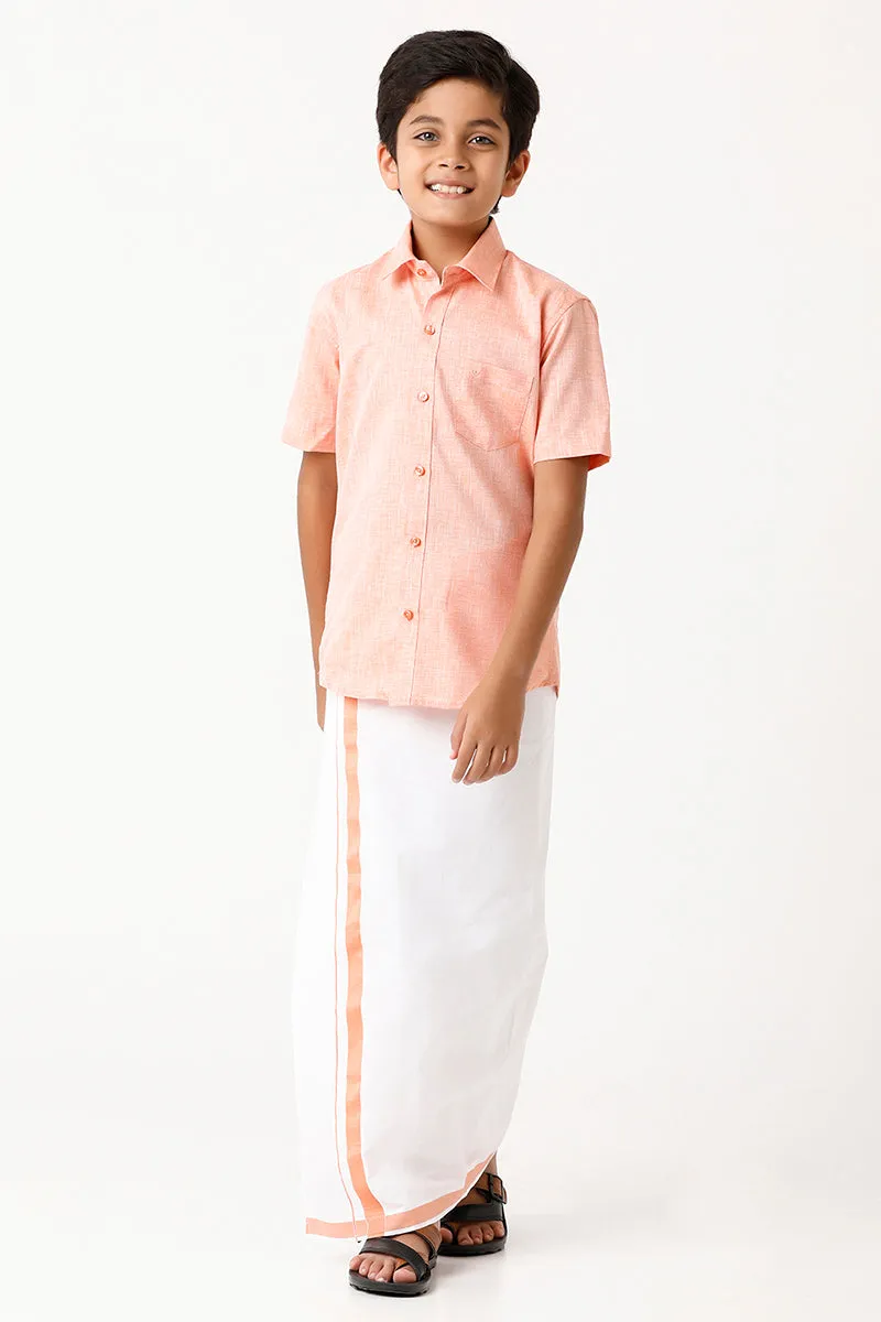 Varna - Lemonade Orange Matching Fixit Dhoti and Shirt 2 in 1 Set For Kids | Uathayam
