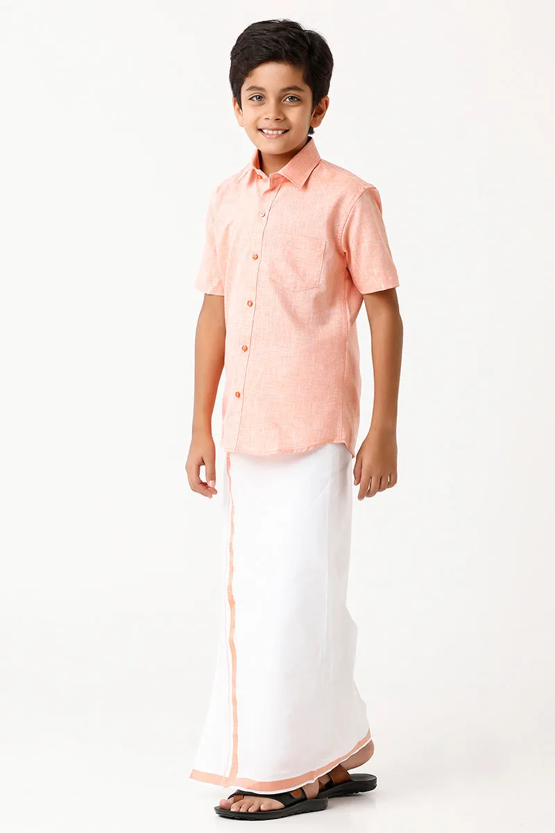 Varna - Lemonade Orange Matching Fixit Dhoti and Shirt 2 in 1 Set For Kids | Uathayam
