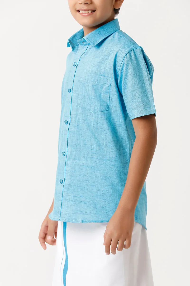 Varna - Light Blue Matching Fixit Dhoti and Shirt 2 in 1 Set For Kids | Uathayam
