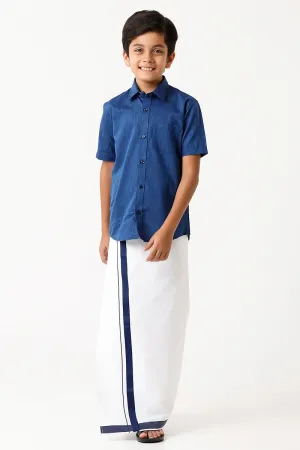 Varna - Navy Blue Matching Fixit Dhoti and Shirt 2 in 1 Set For Kids | Uathayam